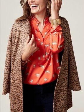 Womens Orange Animal-Print Button-Neck Blouse